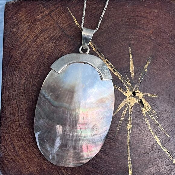 Mother of Pearl Stering Silver Necklace Bohemian Statement Jewelry - Picture 2 of 10